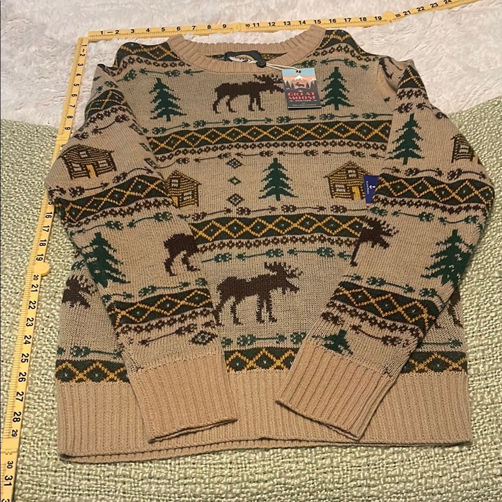 Kiel James Patrick Tan and Green Crewneck Sweater with Nordic Pattern